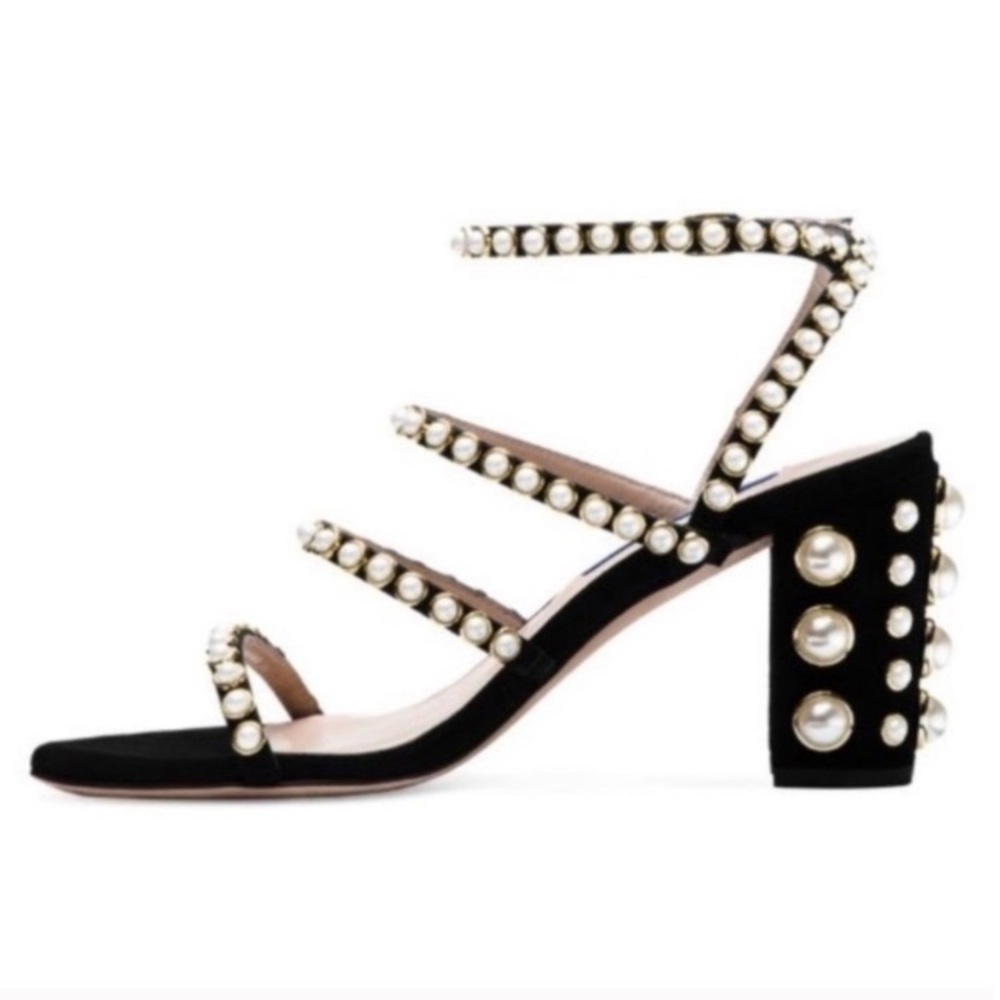 STUART WEITZMAN Peridot Black Suede Pearl Strappy Heeled Sandals